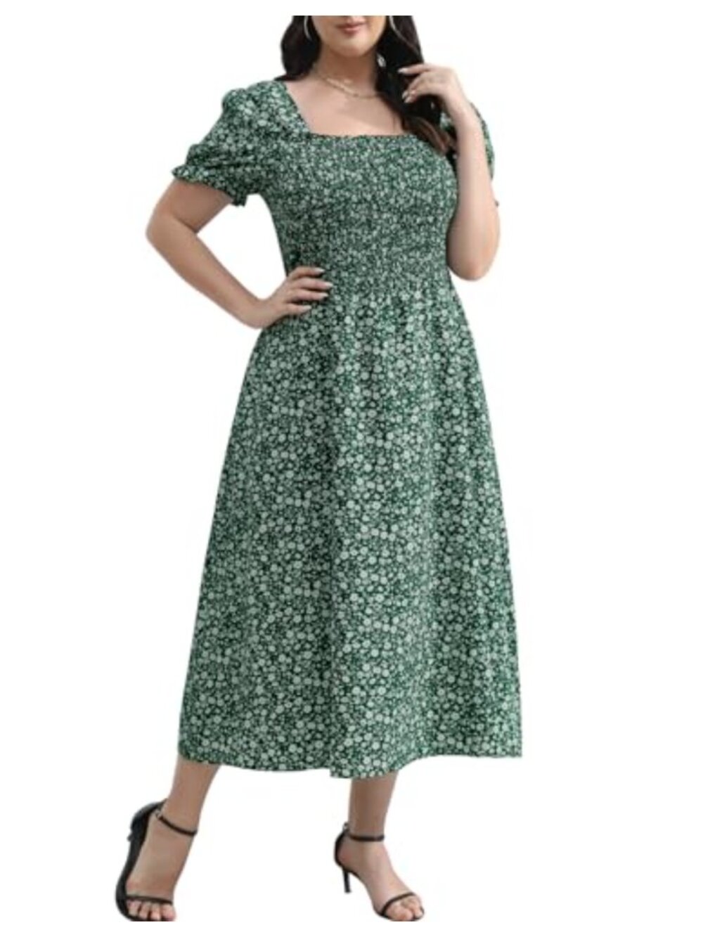 Plus Size Smocked Midi Dress with Pockets - Floral Puff Sleeve